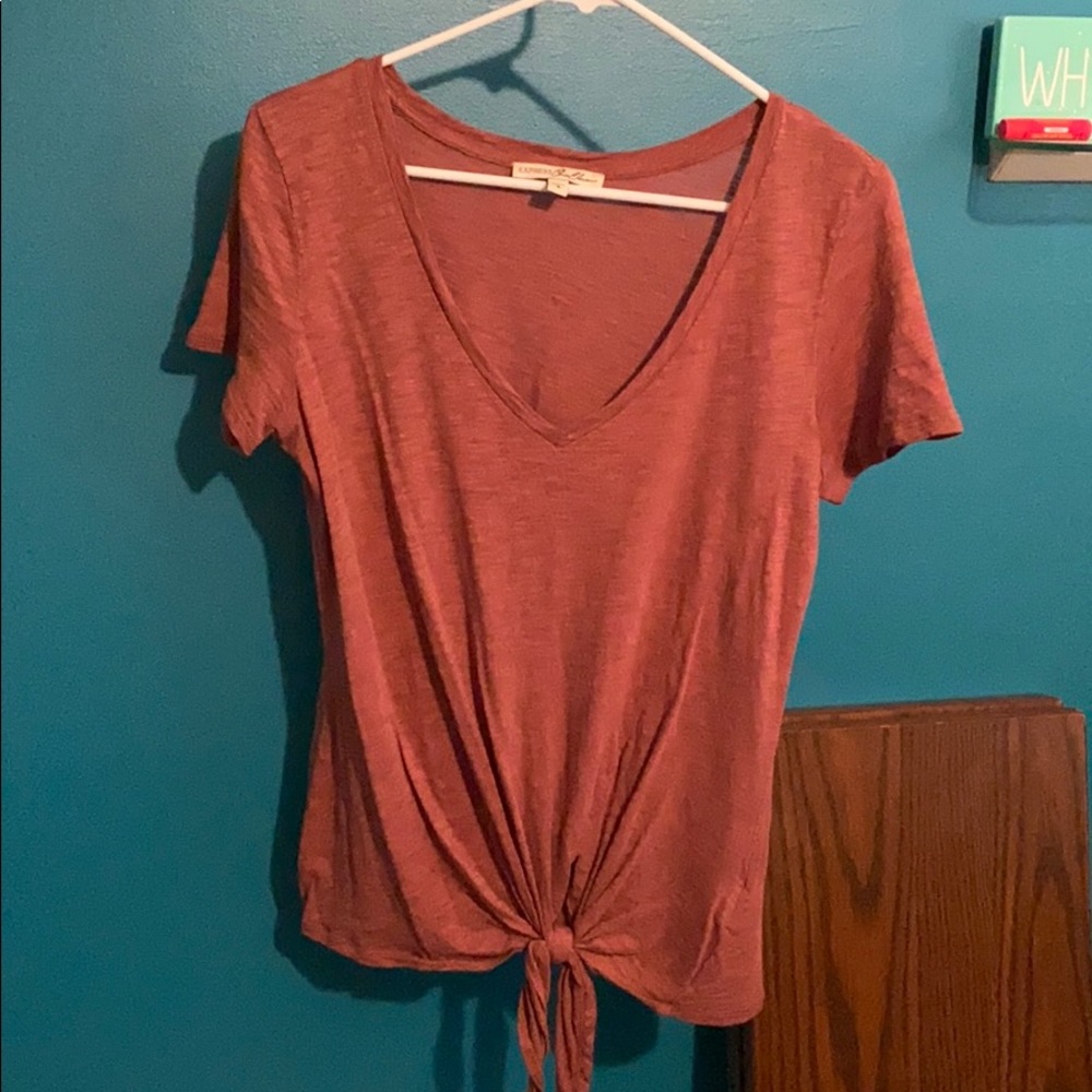 Brown v neck with tie on bottom